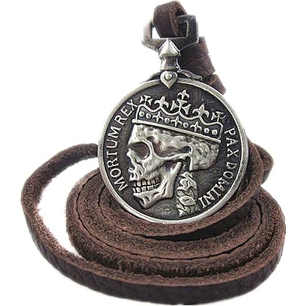 Klassisk Skelet Brun Ægte Læder Vedhæng Halskæde Skull Ste