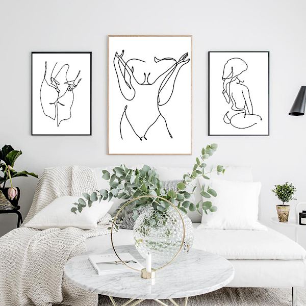 Line Art Prints Fashion Kvinder Kunsttryk Sæt af 3 Sort & Hvid