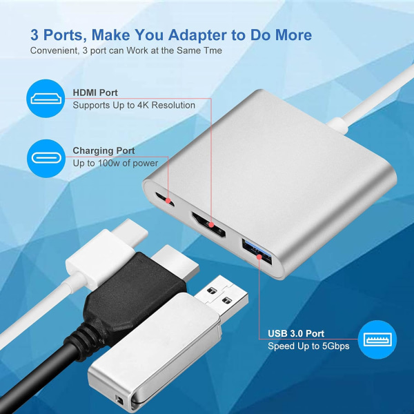 4K USB C til HDMI-adapter, 3 i 1 Type C-konverterkabel til MacBo