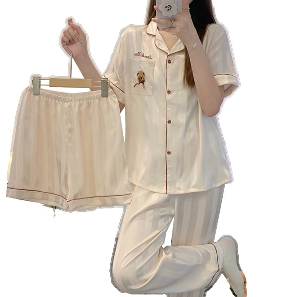 (Størrelse M) Kvinder Soft Ice Silk Kortærmet Pyjamas Tre stykke Se