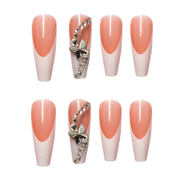 24 st Press on Nails Långa falska naglar Akryl Balett Fransk Vit Illuminate Butterfly tejp på naglar Design Naglar för kvinnor och flickor