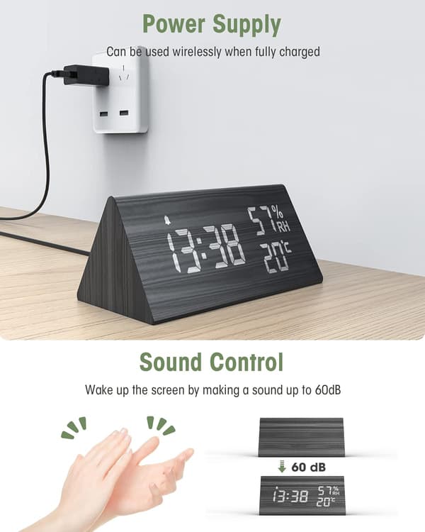 Trädigital väckarklocka, digital klocka med snooze/datum/temper