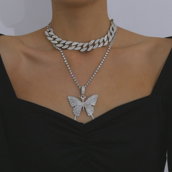 Trendy Hip-Hop Trendy Fuld Diamant Cubansk Spænde Vedhæng Halskæde Sommerfugl Temperament Diamant (Hvid)