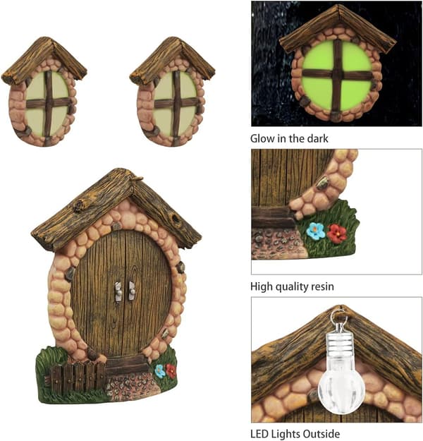 Fe vinduer og dør, lysende fe træ vinduer miniature fe