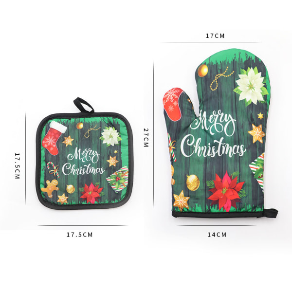 Green 2 Sets Christmas Printed Microwave Oven Gloves and Kitchen