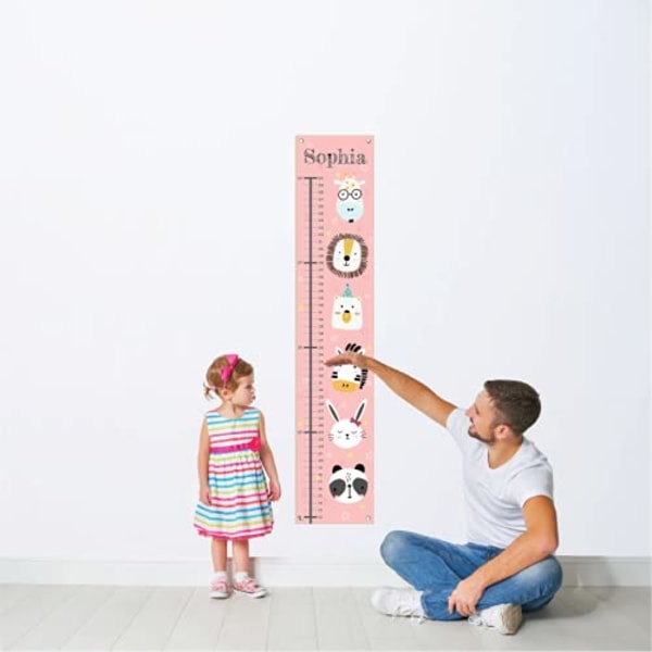 Personlig vekstkart for lerret for barn, høydediagram for barn, banner for vekstkart med navn, rosa sjiraff