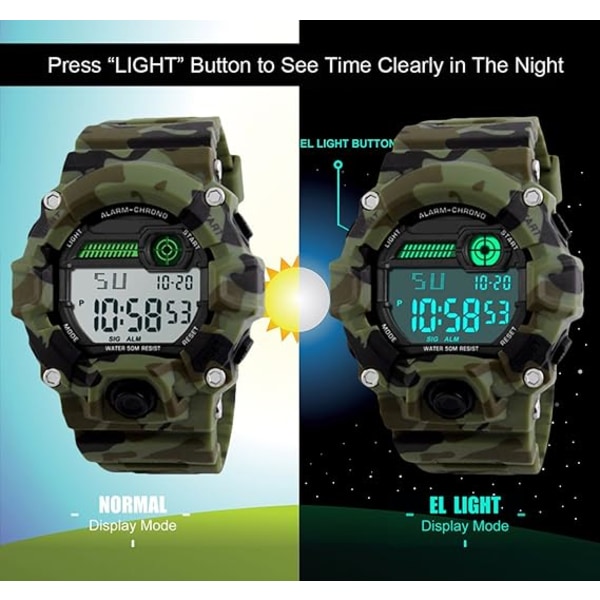 Digitala barnklockor, pojkar sport militärklocka med alarm/timer