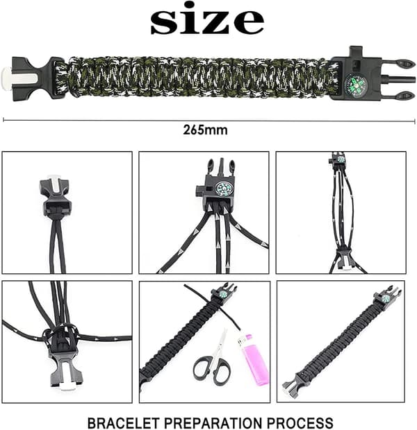 3-pack Flint Survival Paracord Armband, Eldstarter, Skrapa, Kompass