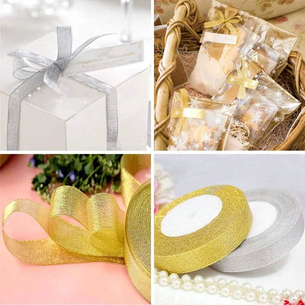 Organzabånd til jul, Thanksgiving, håndværk gave 2,5 cm*22 m 2 stk.（Guld+Sølv）