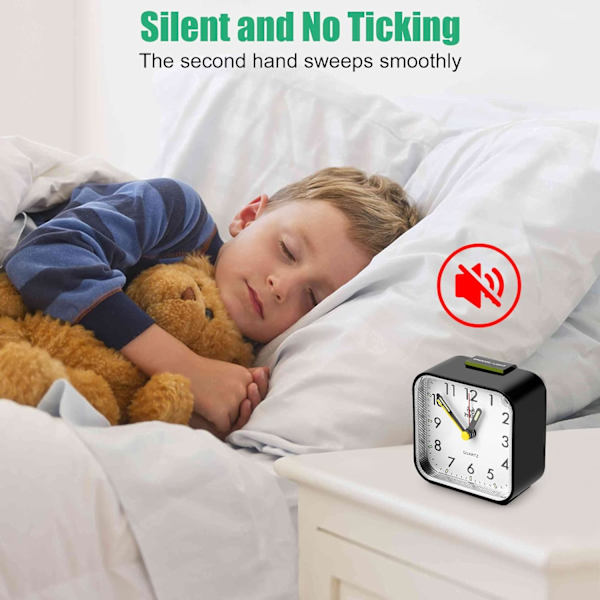 Stille analog alarmklokke, morgenalarmklokke nattbord plast Qu