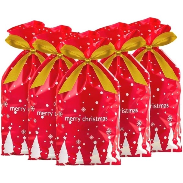 50st presentpåsar i plast med dragsko, julgodispåsar, julgodispåsar, kakpåsar, presentförpackning för julfest (röd påse)