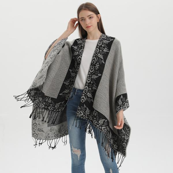 Grå sjal dammode street jacquard delad varm kappa utomhus
