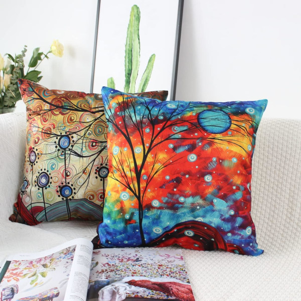 Set med 4 putetrekk 45x45 cm firkantede fargerike trær linensofa