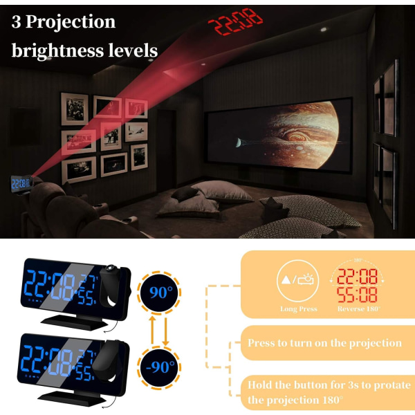 Projektorväckarklocka med radio, digital klocka, väckarklocka med