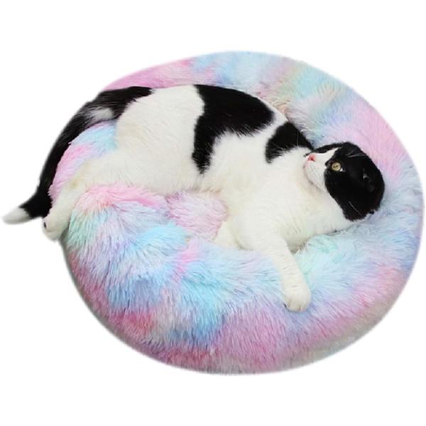 Luksuriøs rund kurv til katte- og hundeseng, vaskbar og varm kæledyrsdonut, superblød og behagelig til små hunde og katte - farverig 60 cm