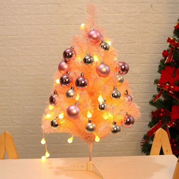 Rosa konstgjord julgran bordsskiva julgran med LED-ljus och glitterbollar Träd hem bröllopsdekoration