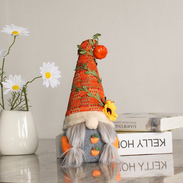 Höst Thanksgiving, Pumpa Solros Ansiktslös Docka Dvärg Prydnader, Handgjorda Rustika Plysch Elf Docka Pumpa Prydnad (B)