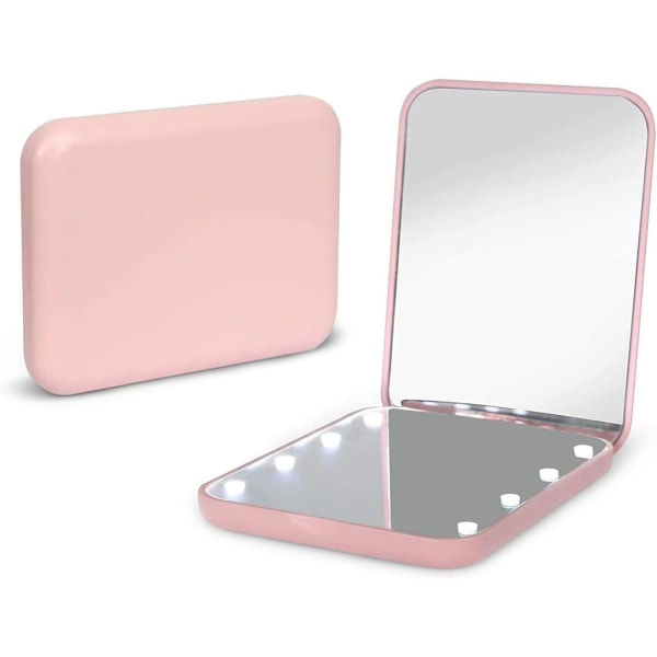 Vaaleanpunainen taskupeili, 1x/2x suurennos, LED-meikkikompakti matkoille
