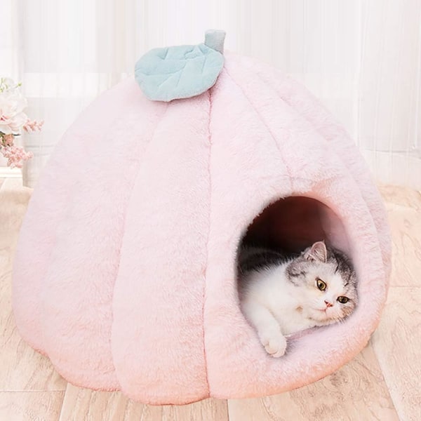 Grottkattsäng och kennel med avtagbar flanellkudde, lämplig för små, medelstora och stora katter och hundar (rosa, 45x45 cm)