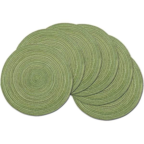 Set med 6 gröna runda placemats, tvättbara flätade bomullsch