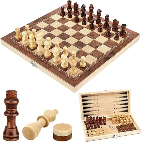 1 st set, 3 i 1 schackdam i trä Backgammon, hopfällbar