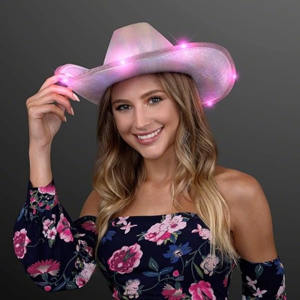 Lysende, iriserende rosa romjentehatt, lysende cowboyhatt med