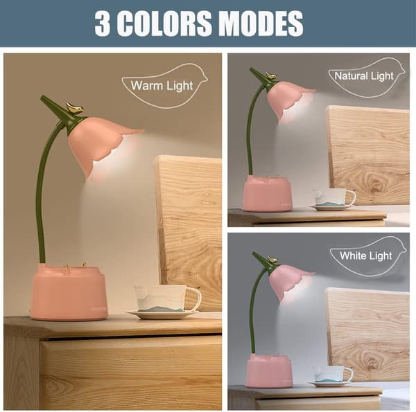 (Blå) LED-skrivebordslampe for barn, USB-oppladbar blomstfugl-bordlampe