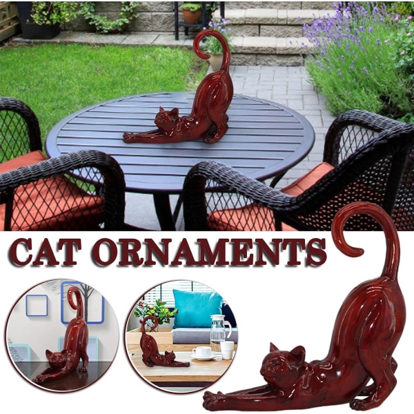 Kattstaty i harts, utsträckt söt kattstaty, kreativt modernt abstrakt hantverk, används för hem- och trädgårdsdekoration och presenter till kattälskare (röd)