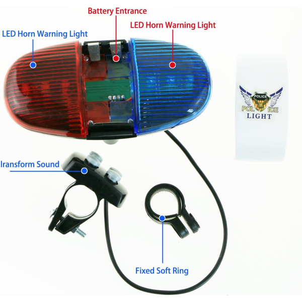 LED politicykellygte med 4 hørbare sirener, horn, cykelhorn