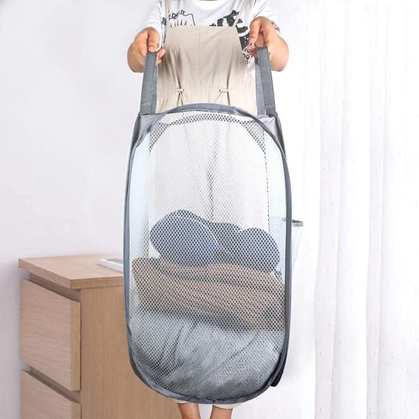 Grå sammenleggbar klesvaskurv, 2-pakning, Pop-Up Mesh Laundry Bask