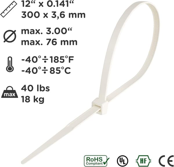 Kabelbindere 300mm x 3.6mm, Kabelbinder, Rilsan Nylon Kabelbindere, 300