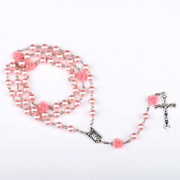 1 Pink Rose Cross Armbånd, Katolsk Rosenkrans Halskæde med Rosenperler