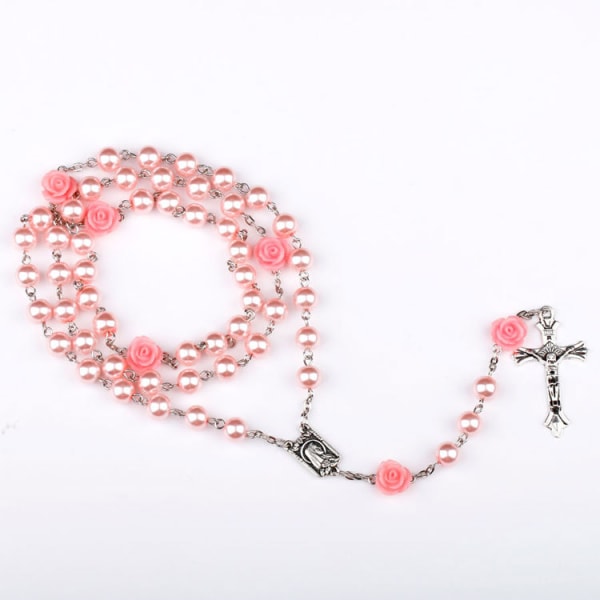 1 Pink Rose Cross armbånd, katolske Pink Pearl Bead Rosenkrans Neckl