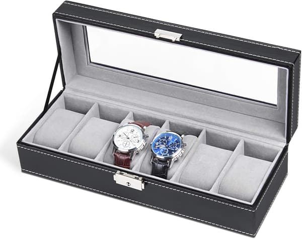 6 Slots Læder Urboks Display Box Organizer Glas Smykkeopbevaring Sort