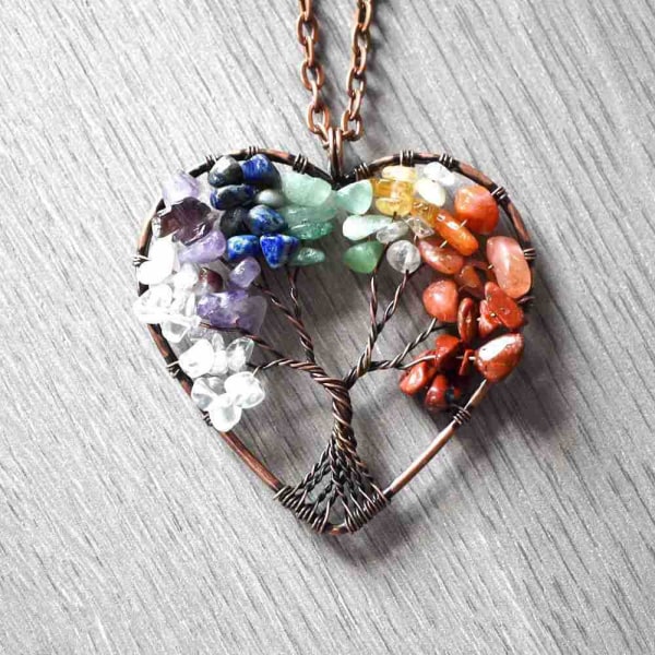 2 st Hjärtformade 7 Chakra Livets Träd Wire Wrapped Hänge N