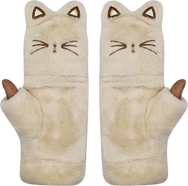 Varme og bløde beige handsker til kvinder, plys, sød kat,