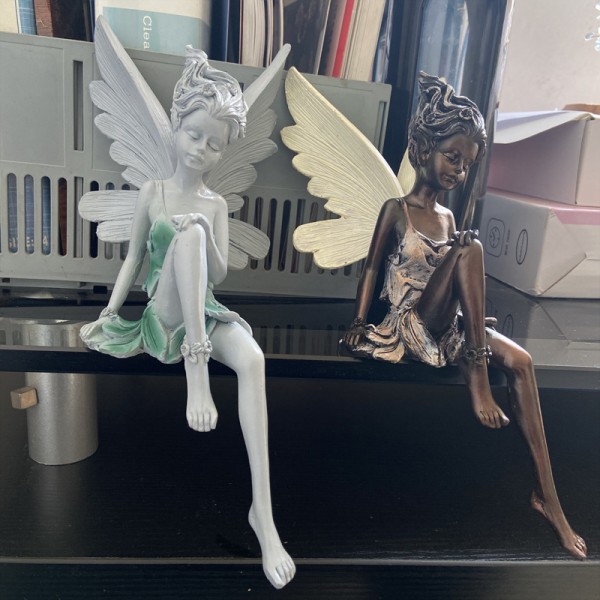 1 stk. Siddende fe-statue, harpikshaveornament håndværk landskabspleje