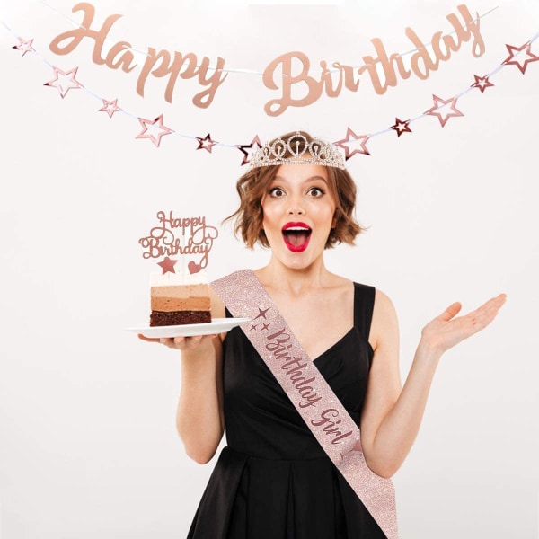 Happy Birthday kagepynt i guld og rosaguld, kagepynt til pigers fødselsdag