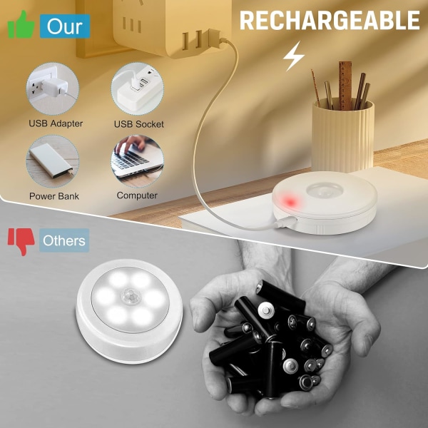 LED-nattlys med bevegelsessensor, 3 magnetiske LED-lys, USB-lading