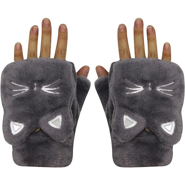 Mjuka och varma gråa damhandskar i plysch med söt kattdesign