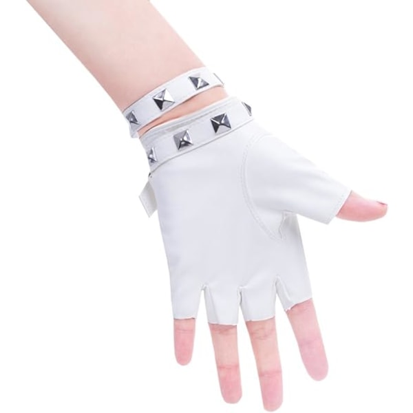 Women's PU Leather Punk Gloves Rivets Belt Up or Snap Half Finger Performance Mittens（White）