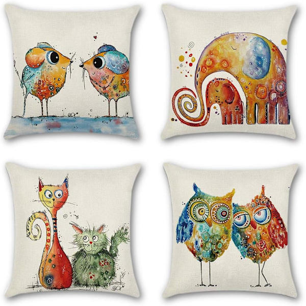 Set om 4 kuddfodral 45 x 45 cm Polyester och linne Dekorativ bilkuddfodral Soffa Heminredning Kuddfodral (tecknade djur)