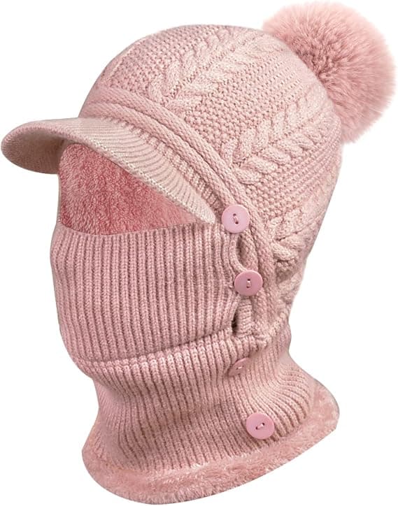Varm rosa vinterstrikket lue for kvinner, elastisk lue