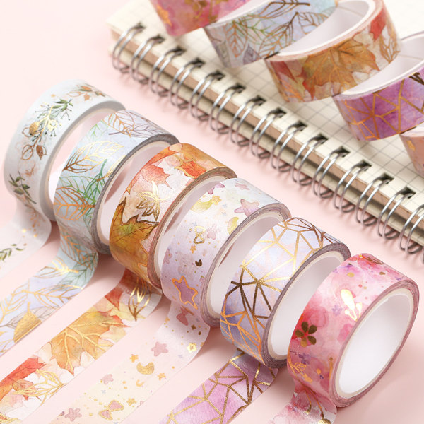 6 ruller Floral Washi Tape, Gullfolie dekorative maskeringstapesett