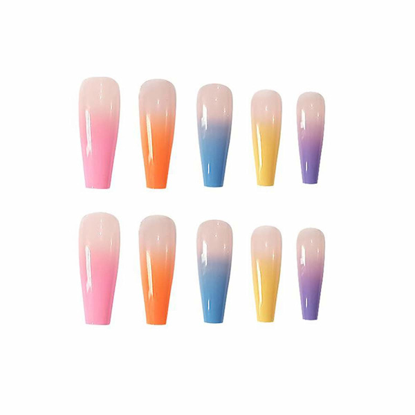 24 stk. Tryk på negle kiste, lange falske negle regnbue gradient farve blank akryl ballerina falske negle til kvinder og piger regnbue