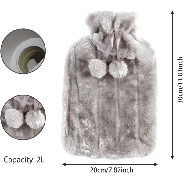 1 stk. Grå Varmtvandsflaske med Dunbetræk, 2L Klassisk Varmtvandsflaske