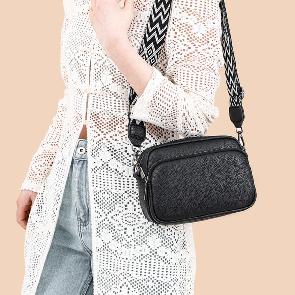 crossbody-väska Liten axelväska i läder dam med dragkedja svart