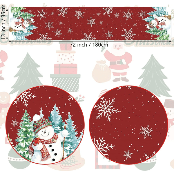 1 stk Jul - Red Snowflake and Snowman Red Christmas Table Run