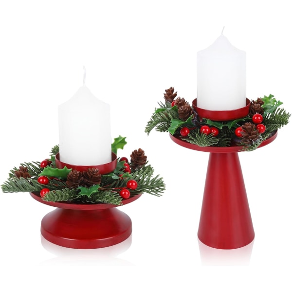 Sæt med 2 røde julelysestager, Vintage Pine Berry Candle