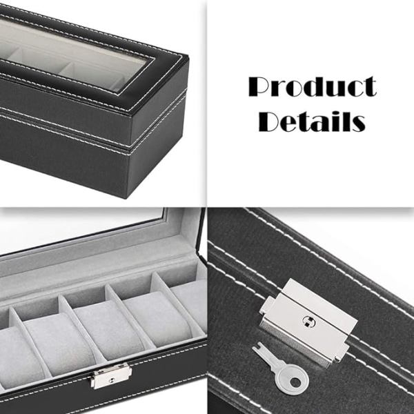 6 Slots Læder Urboks Display Box Organizer Glas Smykkeopbevaring Sort